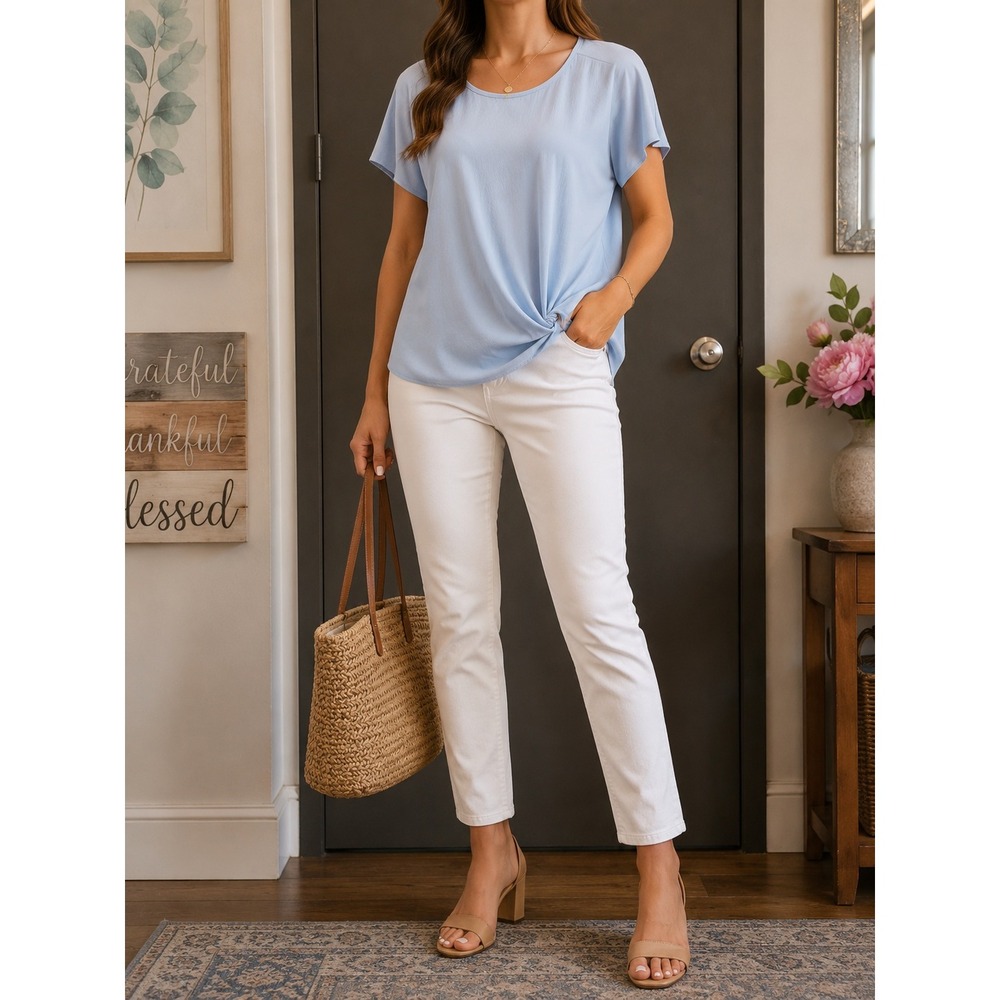 Korye Light Blue Short Sleeve Front Knot Blouse Top XL